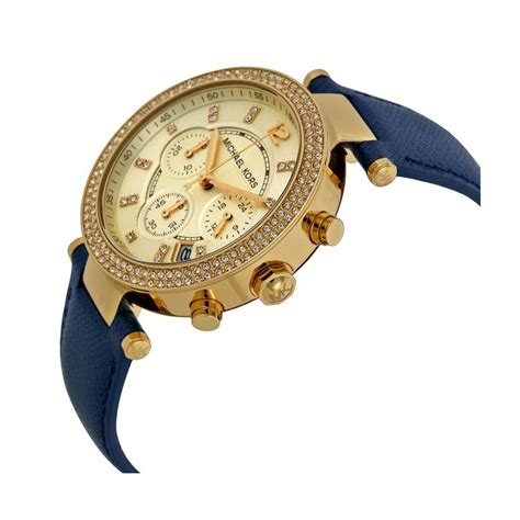 michael kors mk2280 parker gold blue leather ladies watch|Michael Kors Women's Parker Chronograph Blue Leather Watch .